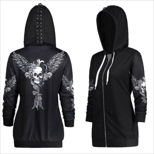 2021 quick sale wise hot print hooded long sleeve sweater skeleton wing lace up Sweatshirt