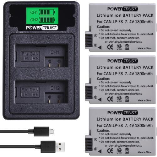 3Pcs LPE8 LP-E8 LP E8 Battery+New LCD USB Dual Charger with Type C Port for Canon EOS 550D 600D 650D 700D Rebel T2i T3i T4i T5i