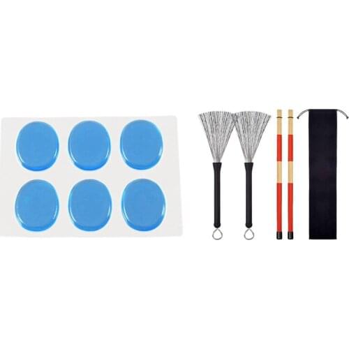 6X Snare Drum Mute Pad Drum Damper Gel Pads (Blue) & 1Pair Drum Brushes Retractable Wire Brushes Drums Drum Sticks Brush