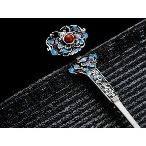 Hair Accessories 925 Sterling Silver Hair Stick Cloisonne Enamel Jewelry Luxury Blue Beads Hairpins Flower Vintage Handmade