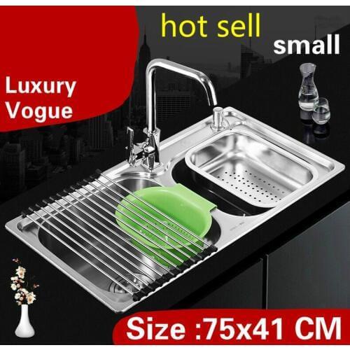 Free shipping Apartment luxury kitchen double groove sink vogue wash vegetables 304 stainless steel hot sell small 75x41 CM