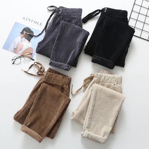 Beige corduroy pants female spring and autumn new loose striped elastic waist casual radish Harlan trousers women pants