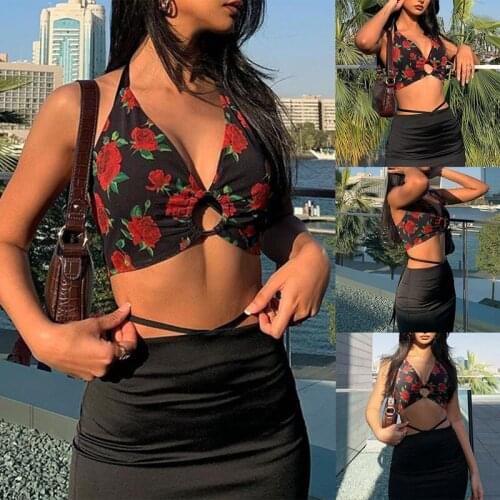 Hot kf-Vintage Y2K Floral Print Halter Crop Tops Streetwear Backless V-Neck Hollow Out Sleeveless Sexy Tanks Clubwear