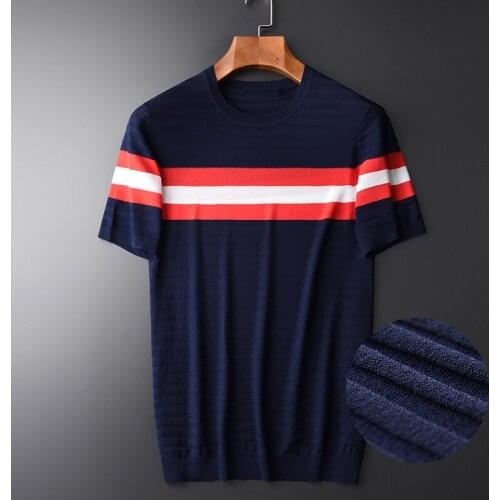 Classic Knitted Mens T-shirts Luxury Stripe Fabric Short Sleeve Men T-shirts Plus Size 3xl 4xl Summer Round Collar Soft Man Tee