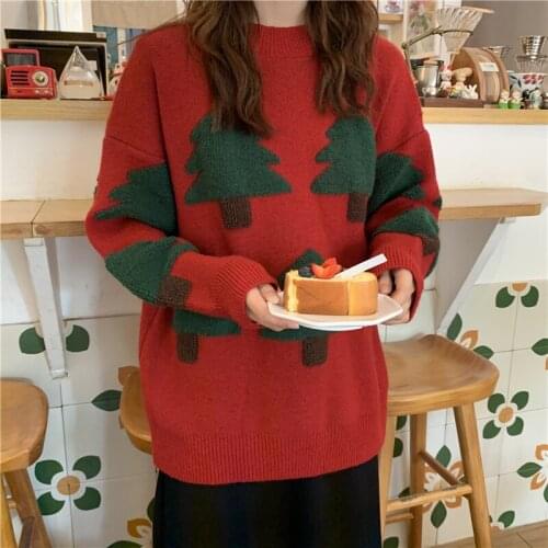 Red Christmas thick sweater women lazy wind all-match christmas tree pullover knit tops