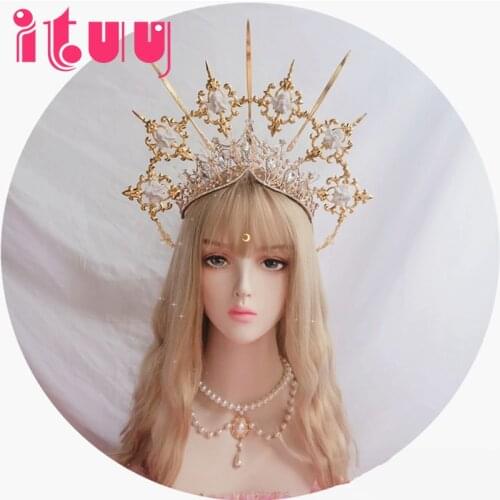 Lolita Vintage KC Headband Angel Gold Halo Goddess Headpiece Virgin Mary Halo Bride Crown Bead Chain Baroque Tiara Headwear