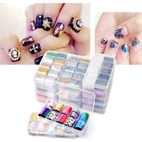 Multi-Use Nail Art Decoration Transfer Sticker, UV Gel Nails Decals Foils for Manicure Salon & Home DIY (10 Rolls in a Box)