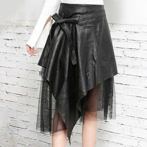 Fashion Women Genuine Leather Lace Irregular Skirts High Waist Skirt Female Black Sheepskin Patchwork Mesh A Line Ladies Skirts