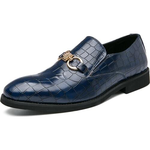 Crocodile Pattern Faux Leather Dress Shoes for Men Luxury Golden Metal Decoration Formal Shoe Plus size 48 Blue Black Moccasin