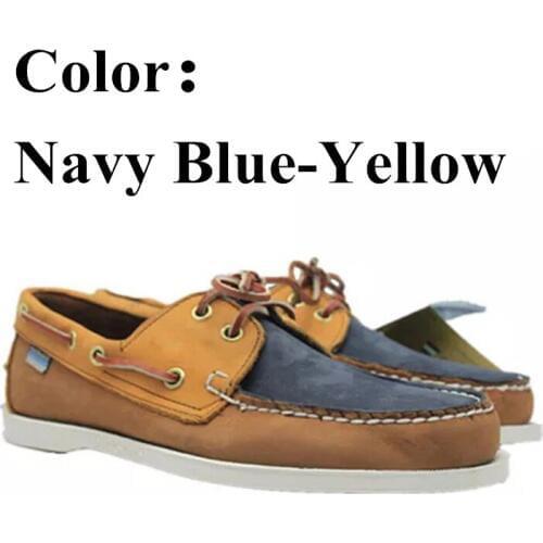 Men Genuine Nubuck Leather Docksides Casual Boat Shoes,Brand Designer Flat Loafers For Homme Femme Navy Blue Yellow Color X134