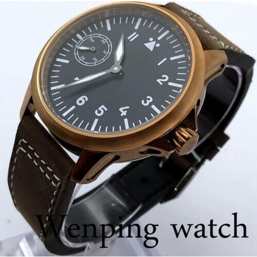 45mm Mens Sterile Watch Copper Color Case Black Dial Luminous 17 Jewels Hand Winding 6497 movement Top Classic Casual Watch