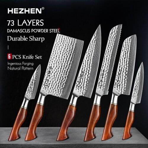 HEZHEN 1-6PC Kitchen Knife Set Slicing 73-Layer Powder Damascus Steel Chef Santoku Nakiri Utility Knives Cooking Tools