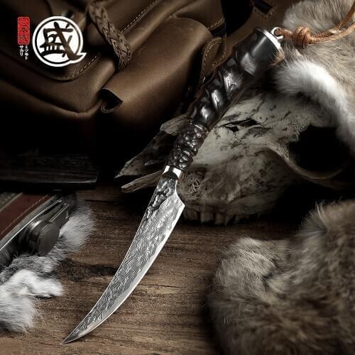 MITSUMOTO SAKARI Prehistoric Series handcrafted Petty Knife Janpanese Damascus Steel Camping knife Antelope horn handle