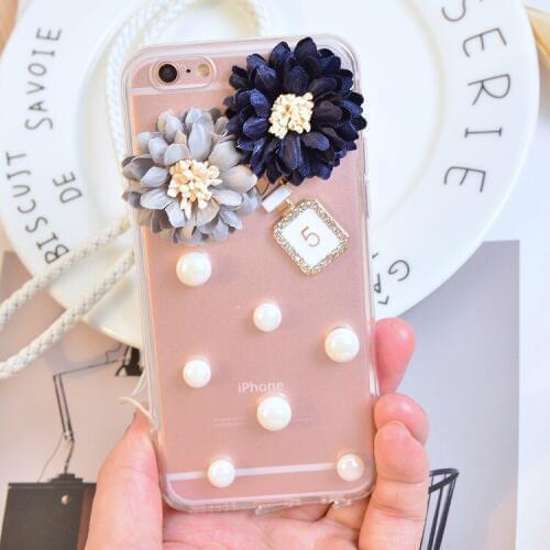 Luxury Pearl Camellia Flowers Cloth Flower Silicone With Hang Rope Case Cover For Samsung j3 j5 j7 2017 j7 Prime j4 j6 j8 2018