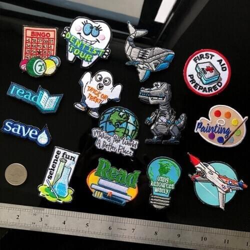 Cartoon Embroidery Cartoon Imp Dinosaur Patches Robot Shark Aircraft Book Tooth People Appliues for Clothes Diy Coat Hats Decor