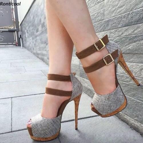 Ronticool Handmade Women Summer Sandals Ankle Strap Buckle Stiletto Heels Peep Toe Elegant Brown Casual Shoes US Size 5-20