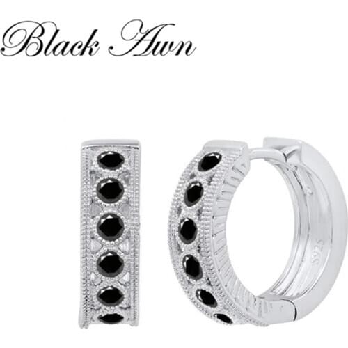 Black Awn New Classic 925 Sterling Silver Round Black Trendy Spinel Engagement Hoop Earrings for Women Fine Jewelry I182