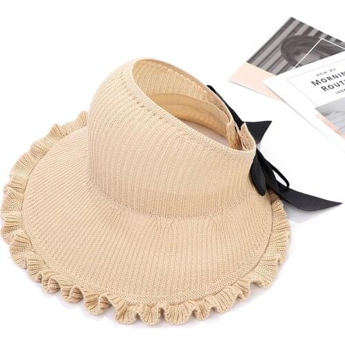 Spring Summer New Ladies Knitted Sun Hats Bow Outdoor Large Sunshade Sunscreen Solid Color Black Bow Empty Top Hat