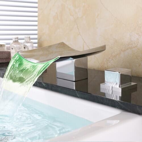 All copper LED waterfall basin faucet three separate lavatory basin tap hole bathroom ark cold and hot bath water