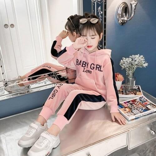 Autumn winter new girls sports suit gold velvet childrens clothing suit baby kids sportswear big girl hoodie shirt+pants suit