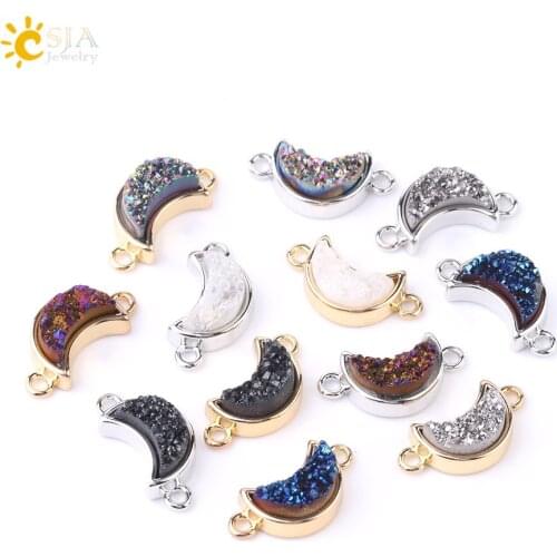 CSJA High Quality Natural Quartz Connector Half Moon Shape Double Holes Druzy Beads for Women Handmade Jewelry Color Random F688