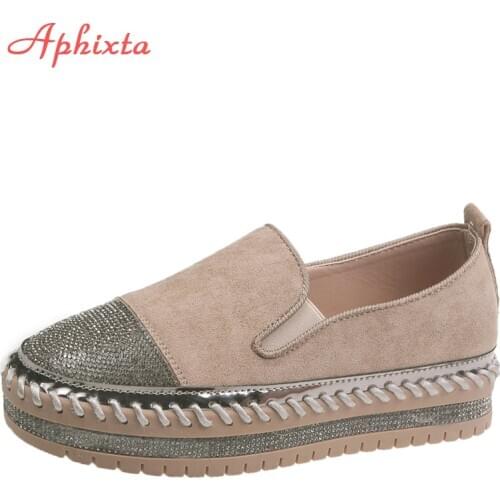 Aphixta Fashion Crystals Luxury Design Flats Shoes Women Hand Sewing Slip-on Flat Platform Footwear Female Loafers