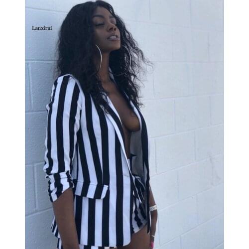 Women new summer white black stripes blazer top and shorts suit two piece set sexy party fashion tracksuit outfit