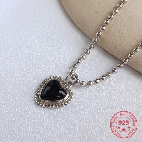 2019 Popular Sterling Silver 925 Fashion Black Agate Heart Charms Beads Necklace Jewelry Gift for Women