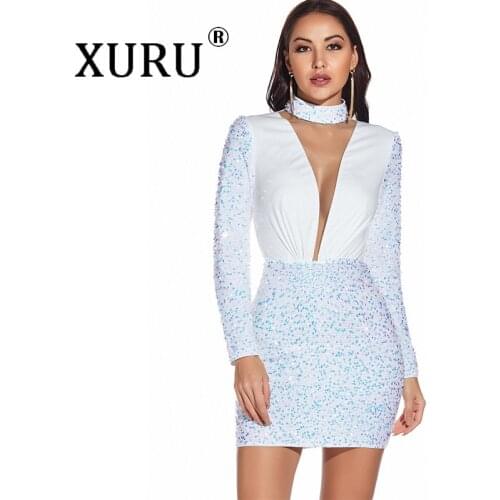 XURU European and American Sexy Long-sleeved Sequin Dress Womens New Style Womens Party Dress