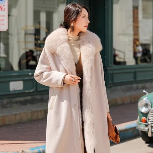 Winter Thickening Jackets Double-sided Fleece Ladies Wool Coat With NaturalFox Fur Lining Long Womens Outwear