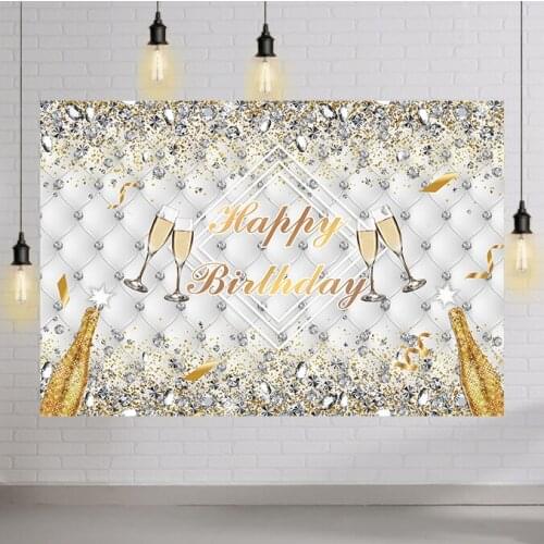 Gold Glitter Happy Birthday Backdrop Adult Silver Heardboard Background for Photo Studio Photocall Women Diamonds Decor Banner