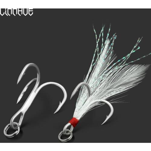 LINNHUE 10pcs High carbon Stainless Steel Fishing Hook Barbed Lure Baitholder Treble Hook With Feather Carp Fishing Bait Holder