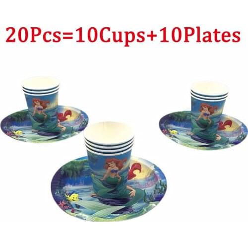 20/40 Pcs Disney Mermaid Ariel High Quality Party Decorations Supplies Birthday Party Paper Cups Plates Party Supplies Set