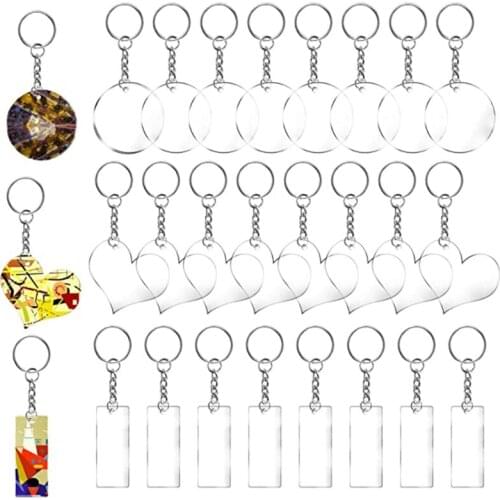 24PCS Acrylic Keychain Blanks with 24PCS Key Chain Rings Heart Shape Round Shape and Rectangle Clear Blanks Keychains