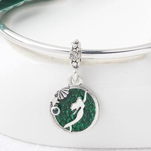5PCS Beauty Mermaid Princess Pendant Silver Color Green Enamel Hollow Charm Fit Original Bracelet &Bangle Necklace DIY Accessory