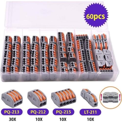 60Pcs Wire Connector PQ-212 211 213 215 Gray Universal Terminal 0.08-2.5mm Push-in Electrical Terminals for Cable Connection