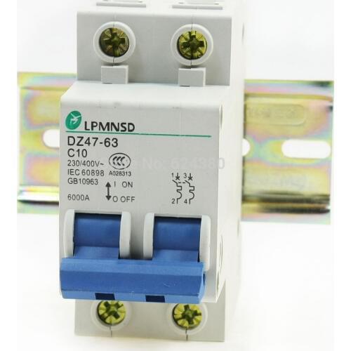 DZ47-63 C10 230V / 400V 10A 2P 2 Poles Household Miniature Earth Leakage Circuit Breaker Overload Protection 6000A + Lead Rail