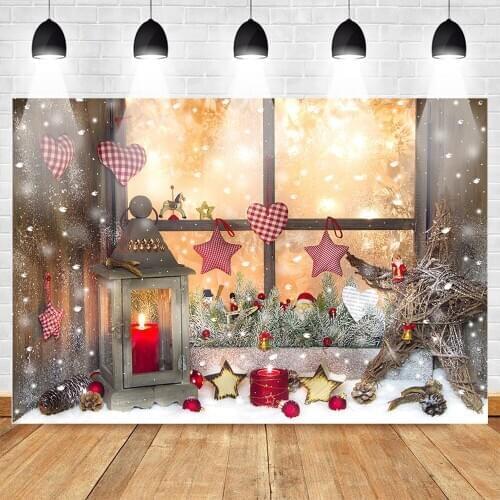 Photography Backdrops for Photo Studio Happy Christmas Party Winter Background Snow Wood Window Candle Backdrop Stars Love Gifts
