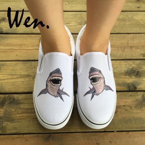 Wen White Black Slip On Shoes Original Design Shark Fierce Animal 2 Colors Unisex Canvas Sneakers for Men Womens Gifts