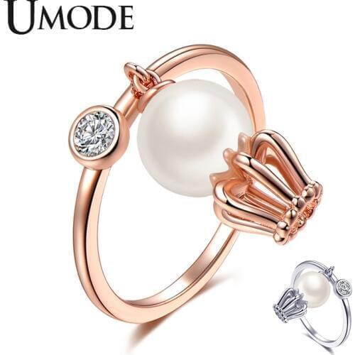 UMODE New Bezel Clear Zircon CZ Crystal Fashion Crown Rings for Women Round Simulated Pearl Rose&White Gold Jewelry AUR0505