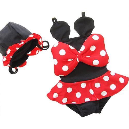 Toddler Baby Girls Swimwear Summer Holiday Kids Beach Dots Cartoon Swimming Wear For Girl Children One Piece Bath Suit+Hat Set