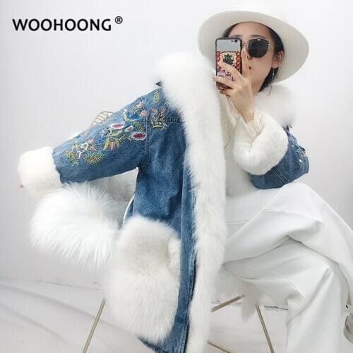 Winter New Real Fur Coat Rex Rabbit Liner Down Jacket Liner Fox Fur Coat Embroidered Denim Jacket Rex Rabbit Fur Coat Luxury