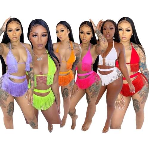 Chiclover Summer Clothes for Women Wholesale Items Beach Wear Two Piece Set Tassel Halter Corset and Shorts Briefs Bathing Suit