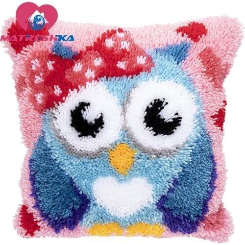 Cartoon Owl pillow embroidery cross stitch pillow latch hook rug kits needlework button package latch hook kits point rug