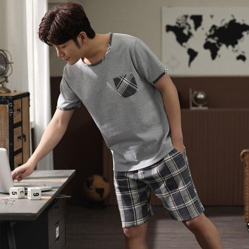 Chest Pocket Boy Man Pullover Short Sleeve Pants Pajama PURE Cotton Jammies O-Neck Home Casual Sleepwear Nightwear Pyjamas HDE