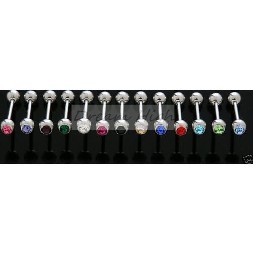Wholesale Crystal Gem Stone Tongue piercing Straight Tongue Bar rings Free Shipping Promotional 14G Mixed Colors Hot Sale