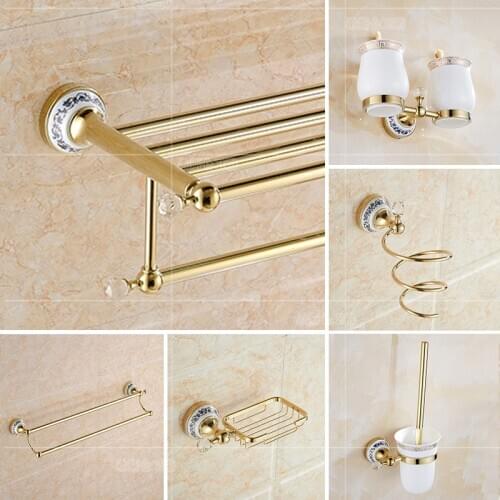 Luxury Golden Carved Bathroom Hardware Kit Ceramic Soap Dish Holder Bath Storage Rack Robe Hook Bathroom Organizer