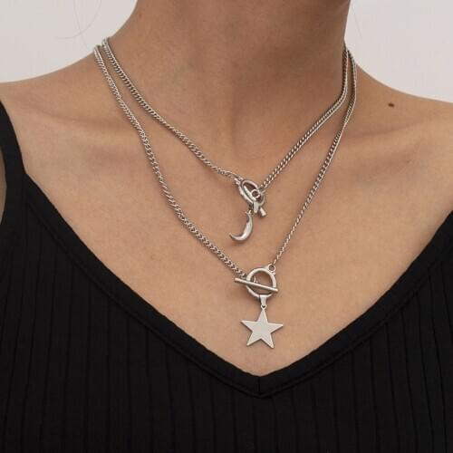 Vintage Creative OT Buckle Star Moon Pendant Necklace Women Double Layer Geometric Thick Chains Necklace Pendant Jewelry Kolye