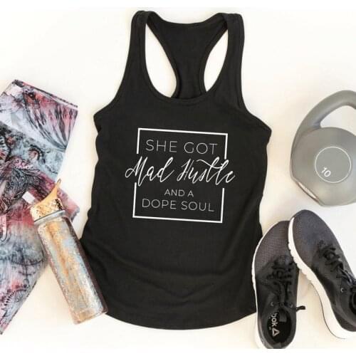 Women Flowy Racerback Black Running Tank Casual Sleeveless Slogan Gym Workout Shirt She Got Mad Hustle and A Dope Soul Tank Tops