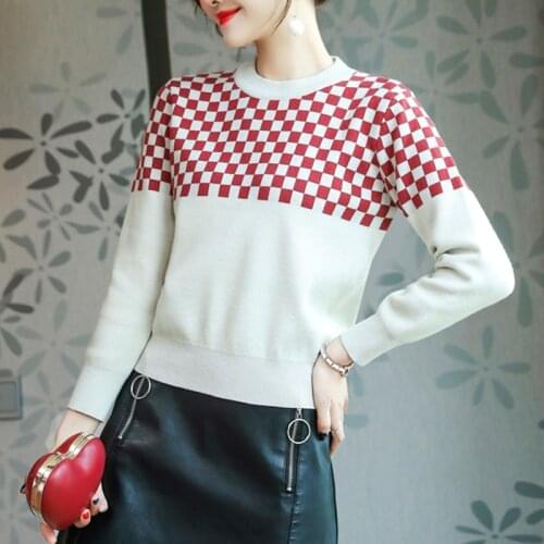 LJSXLS 2021 Vintage O Neck Tops Knitted Sweater Women Plaid Autumn Winter Clothes Long Sleeve Short Pullover Sueters De Mujer